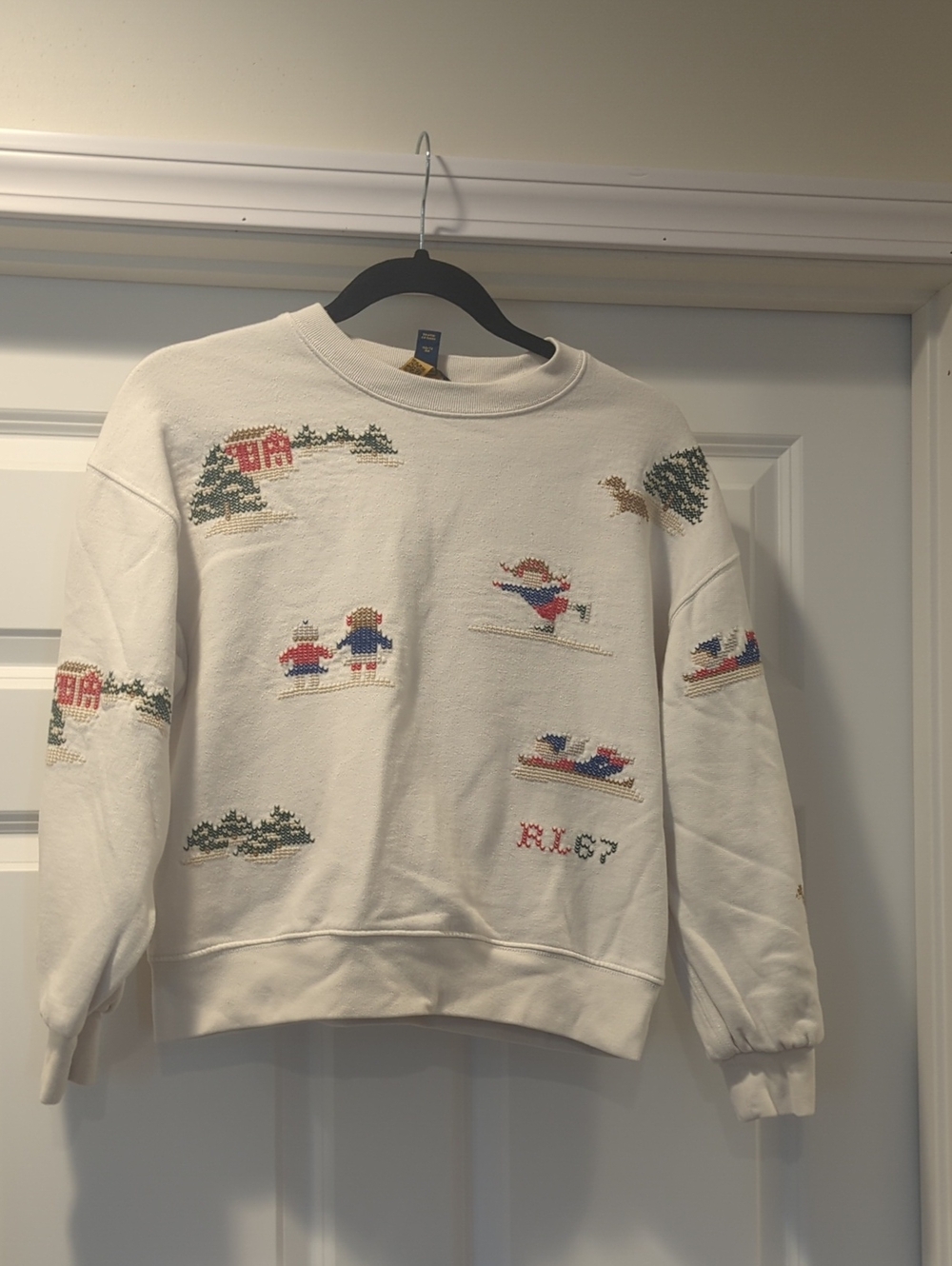 Ralph Lauren Cream Ski Village Embroidered Crewneck Sweater